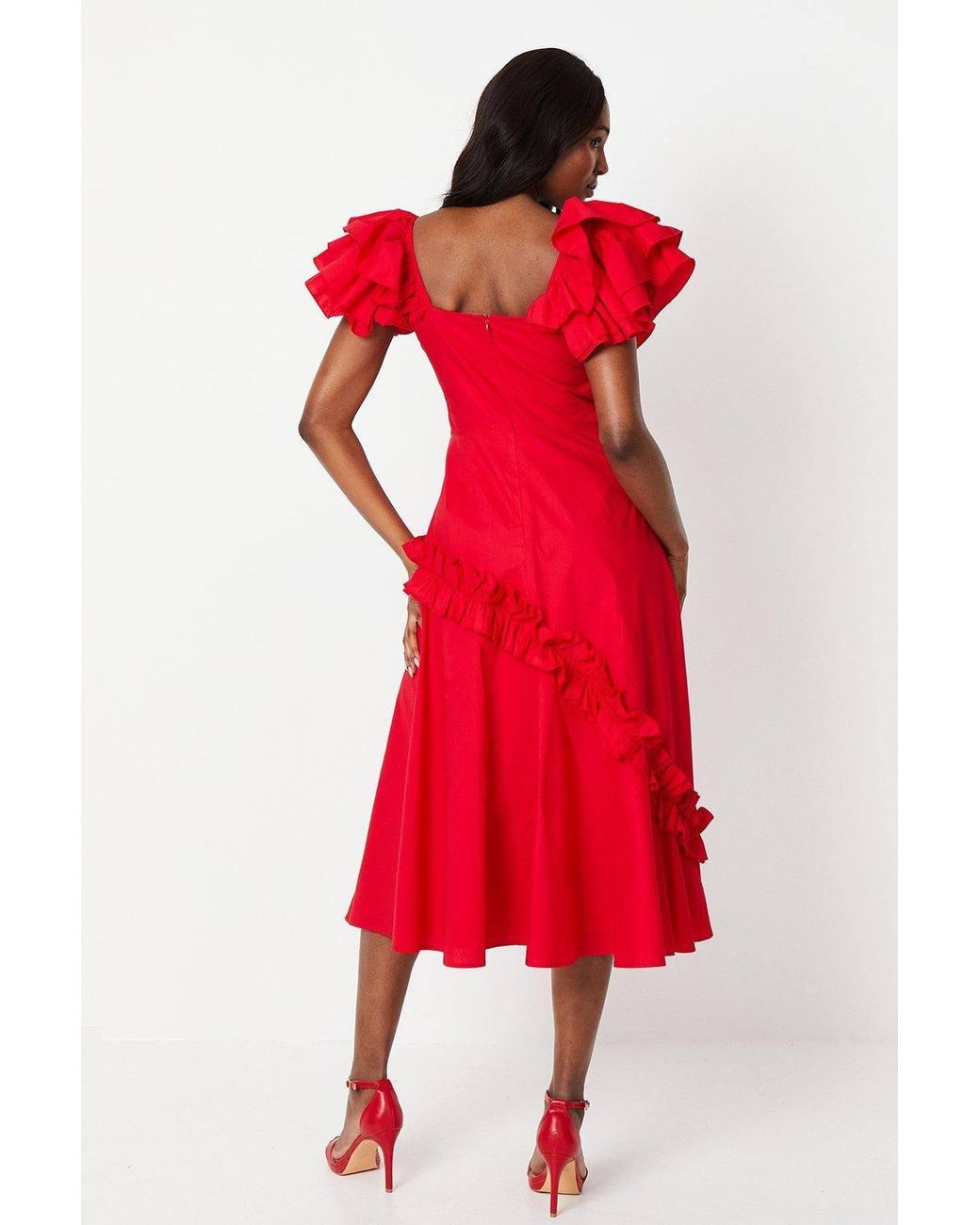 Coast Red Frill Sleeve Ruffle Skirt Cotton Midi Dress