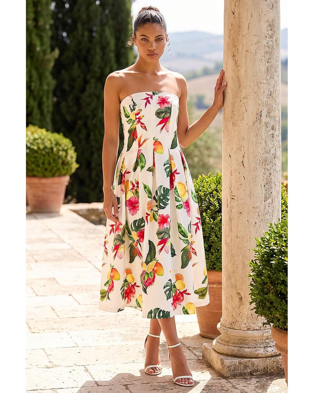 Roman Yellow Petite Bandeau Tropical Print Midi Dress