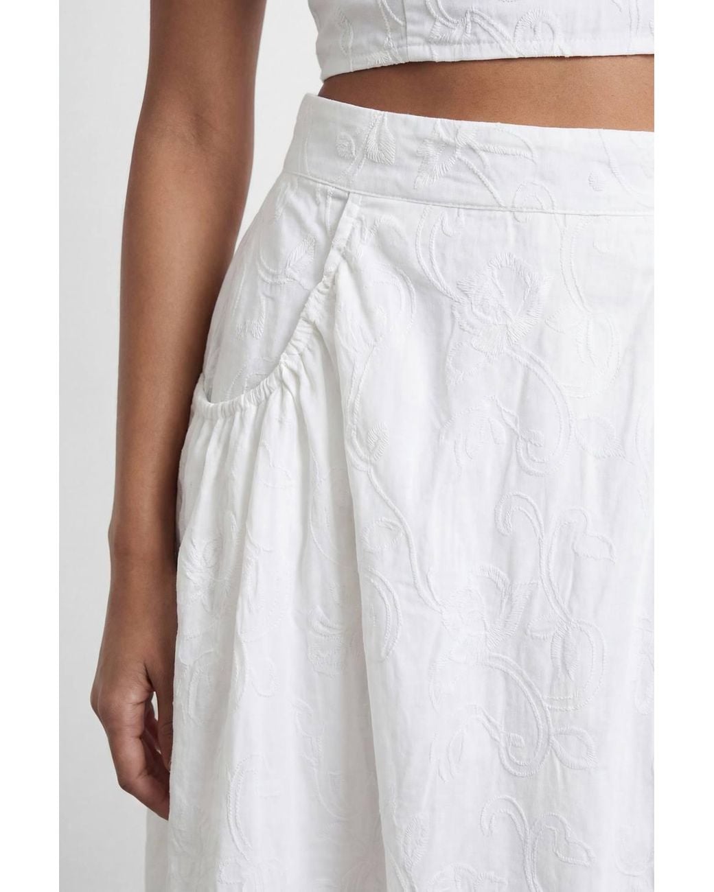 Warehouse White High Waist Embroidered Cotton Skirt With Pockets