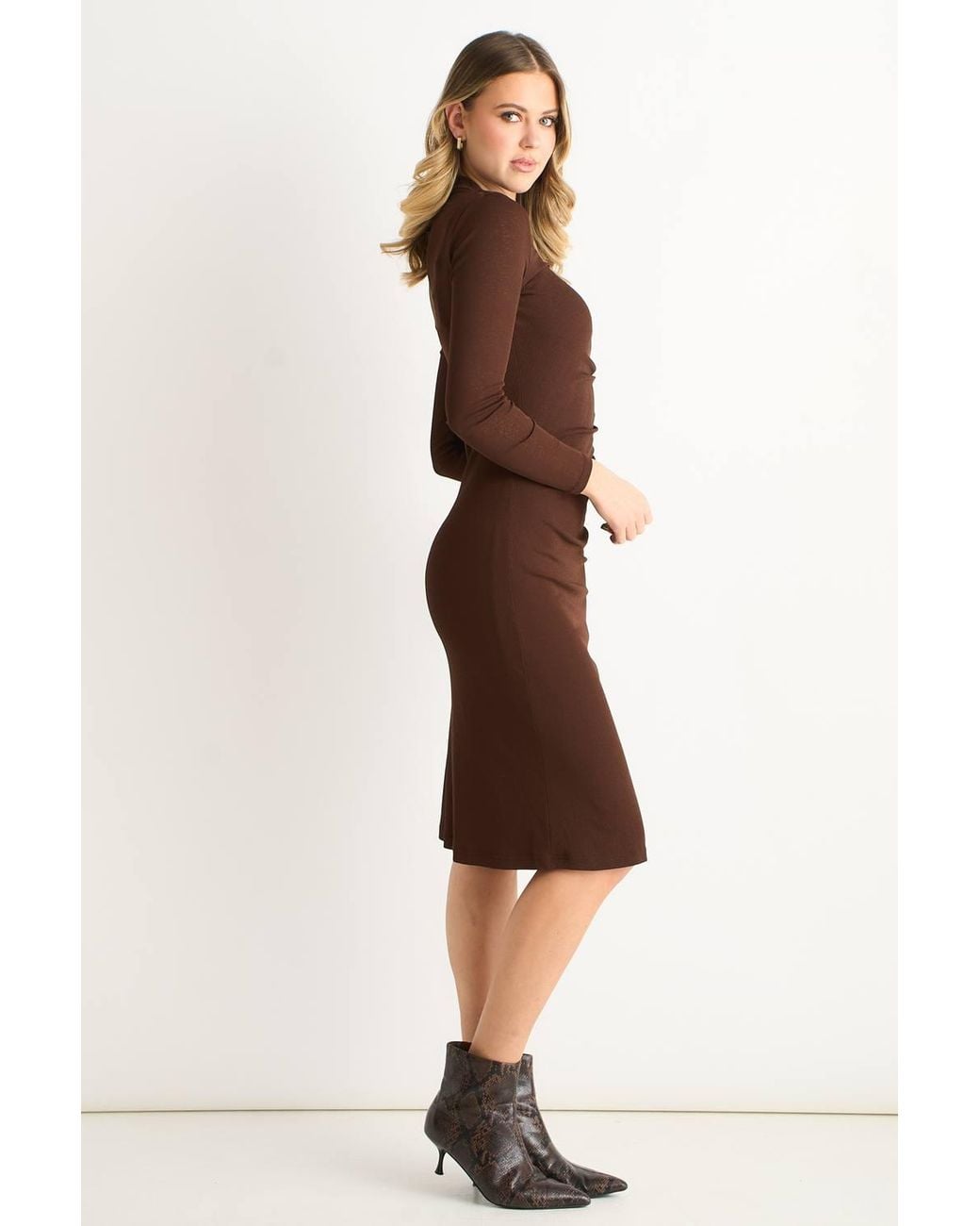 Gini London Brown Ruched Jersey Long Sleeves Midi Dress