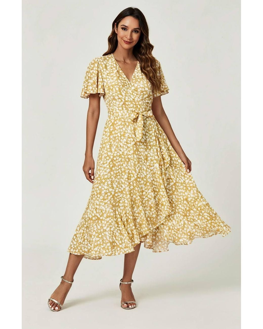 FS Collection Metallic Floral Wrap Front Flutter Sleeve Midi Dress