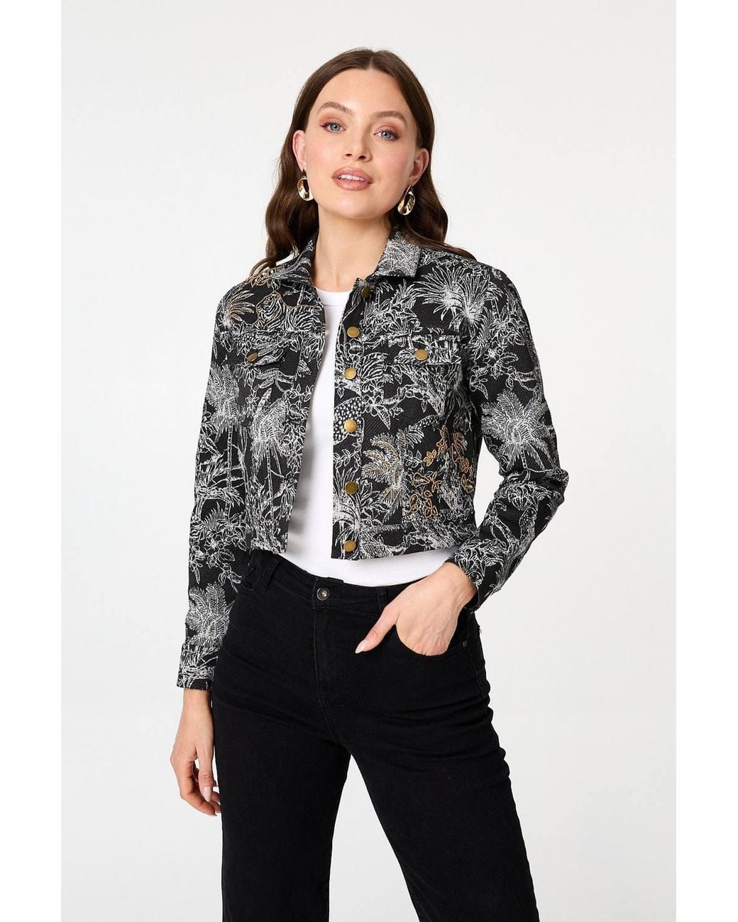 Izabel London Gray Tropical Print Textured Cropped Jacket