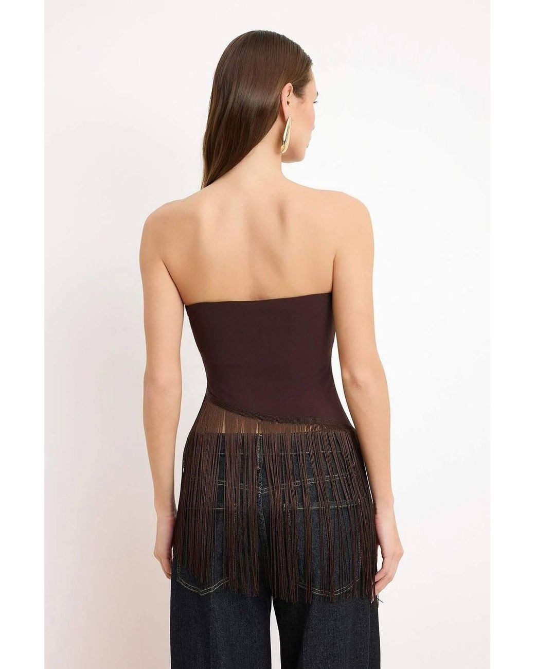 WOVCOR Brown Strapless Fitted Tassel Detail Blouse