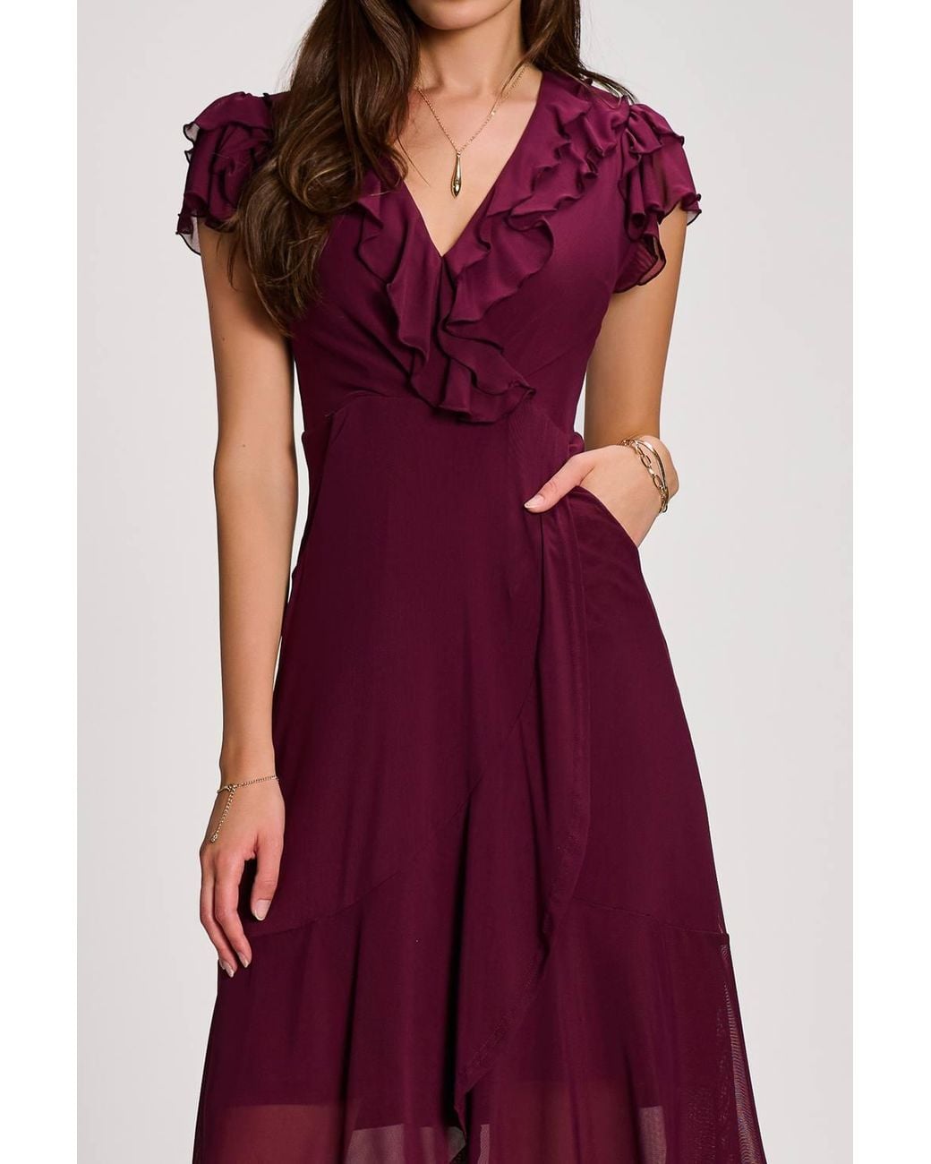 Jolie Moi Red Ruffled Mesh Maxi Dress