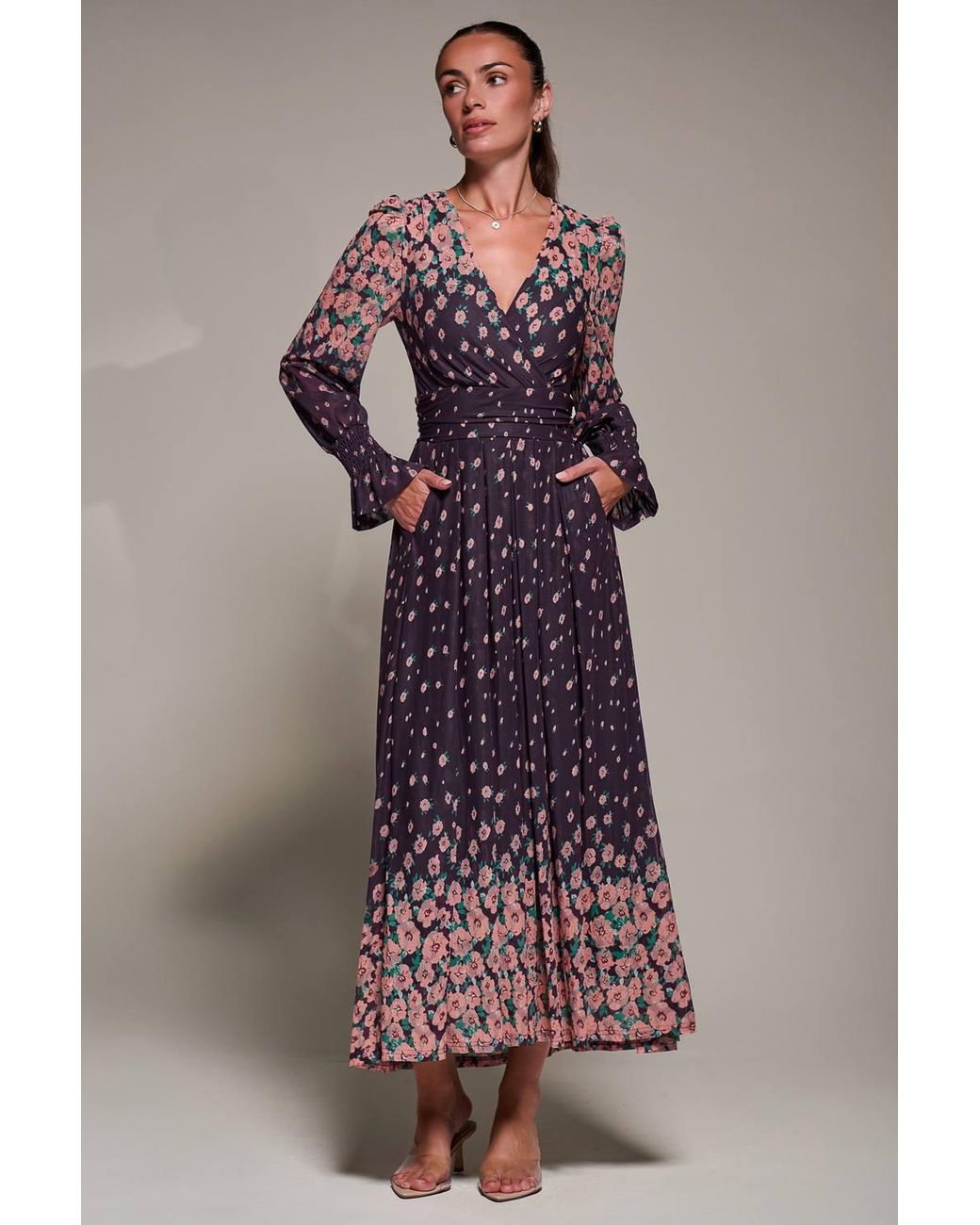 Jolie Moi Purple Mirrored Print Long Sleeve Mesh Maxi Dress