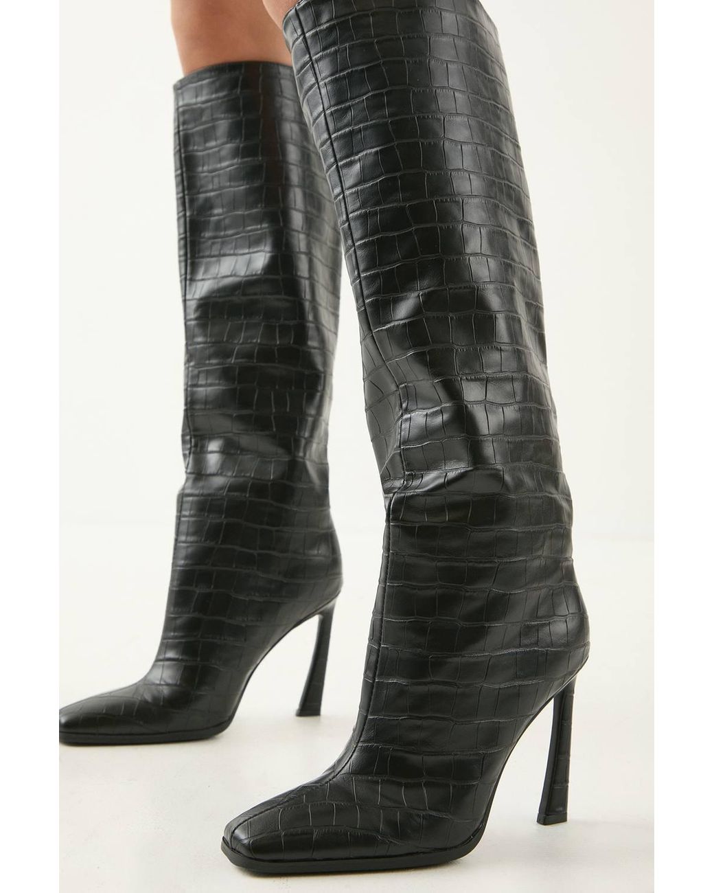 MissPap Black Faux Croc Leather High Flared Stiletto Heel Knee Boots
