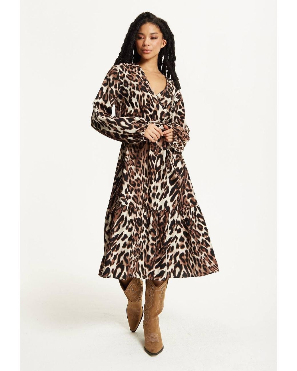 Liquorish White Leopard Print Long Sleeve Midi Dress