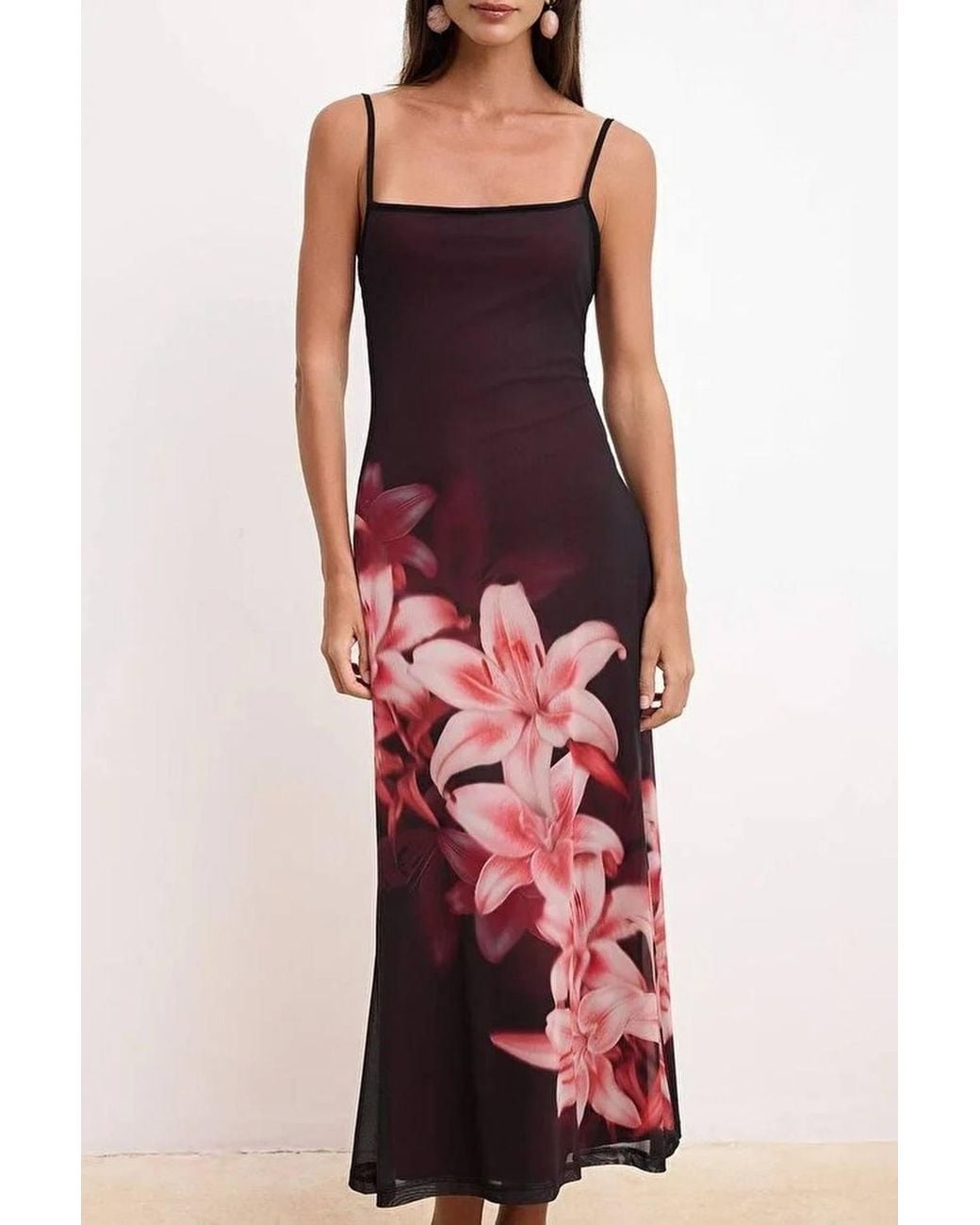 WOVCOR Red Floral Print Strappy Fishtail Maxi Dress W/ Sheer Hem