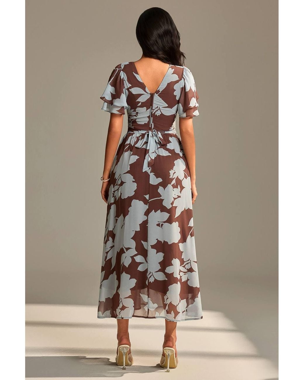 Jolie Moi Brown Layered Angel Sleeved Chiffon Maxi Dress