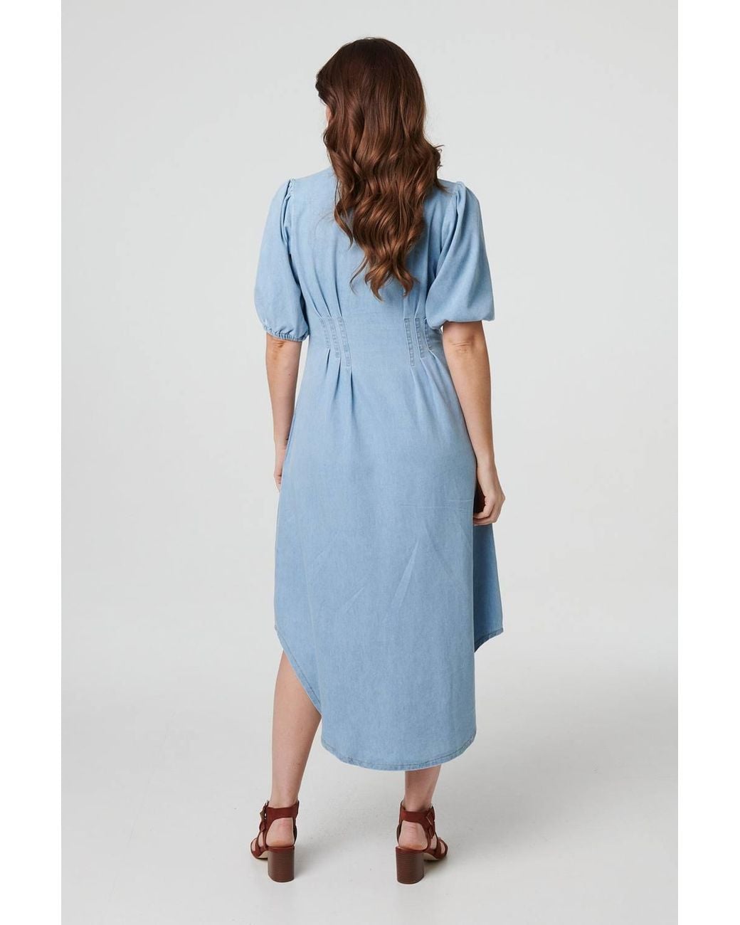 Izabel London Blue Denim 1/2 Puff Sleeve Ruched Maxi Shirt Dress