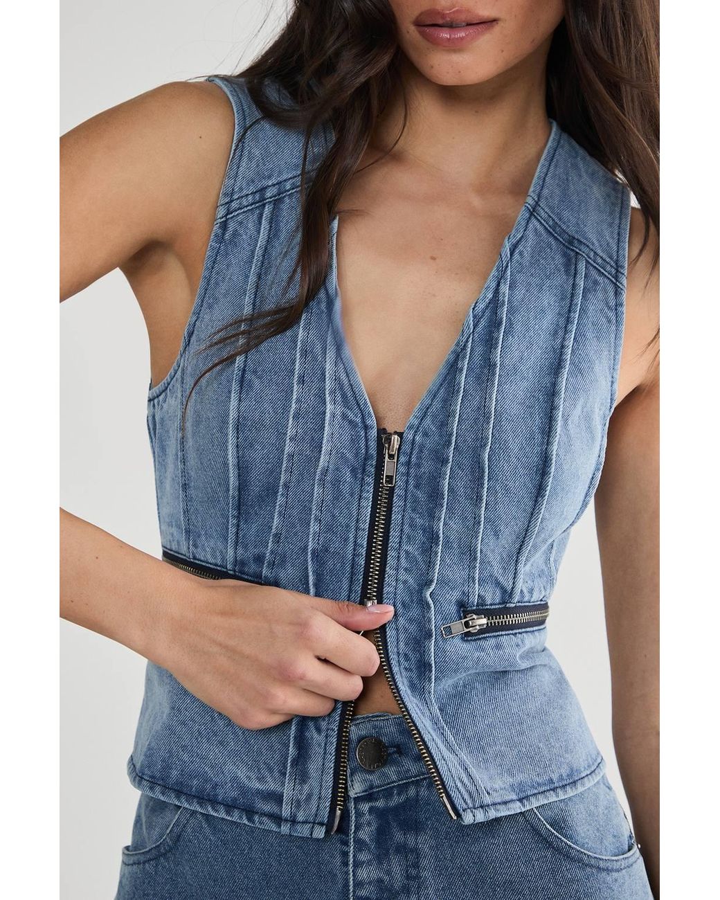 Nasty Gal Blue Denim Seam Detail Zip Waistcoat