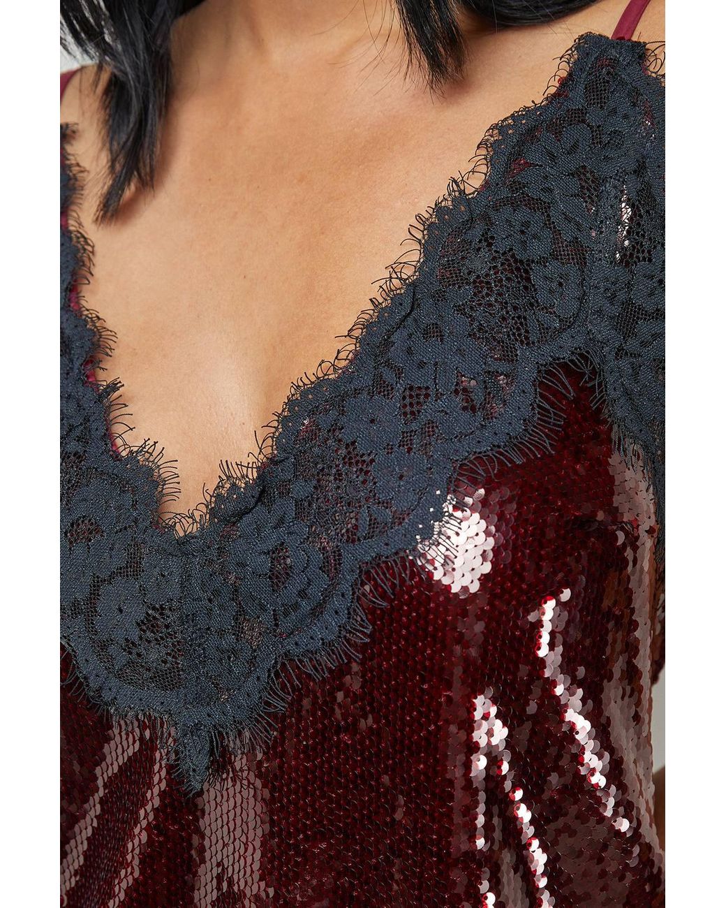 Warehouse Black Sequin Lace Trim High Apex Cami Top