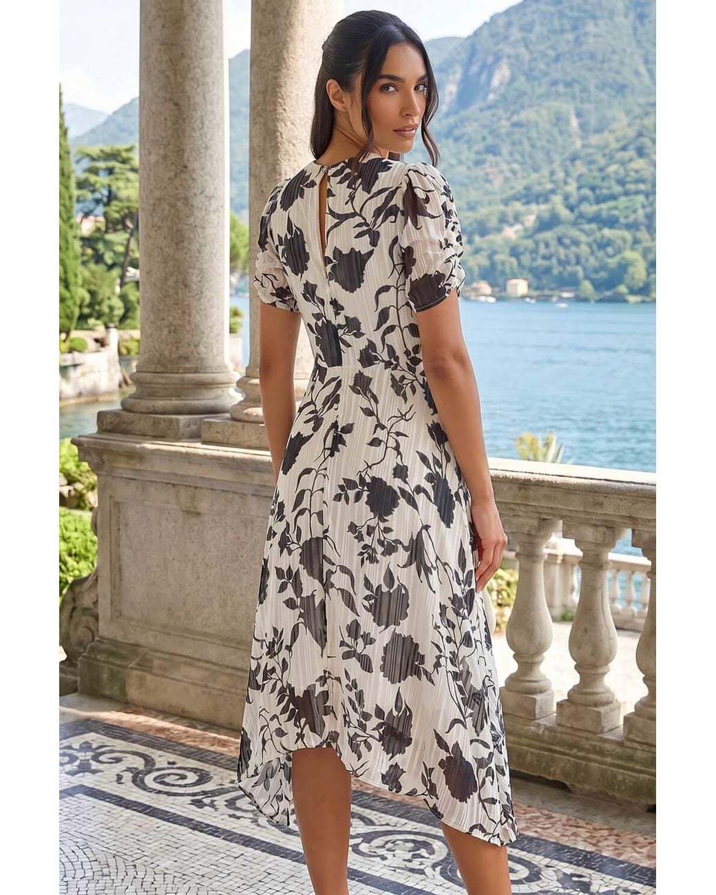 Roman White Floral Print Hanky Hem Midi Dress