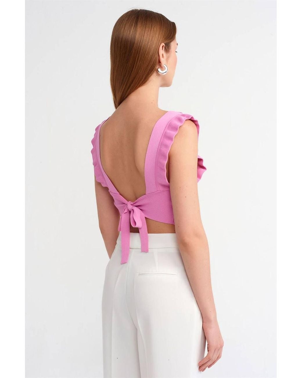 Dilvin Pink Textured Sleeveless Crop Blouse With Tie Detail