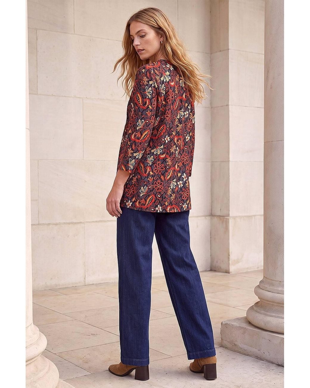 Roman Red Geo Floral Print Pintuck Shirt