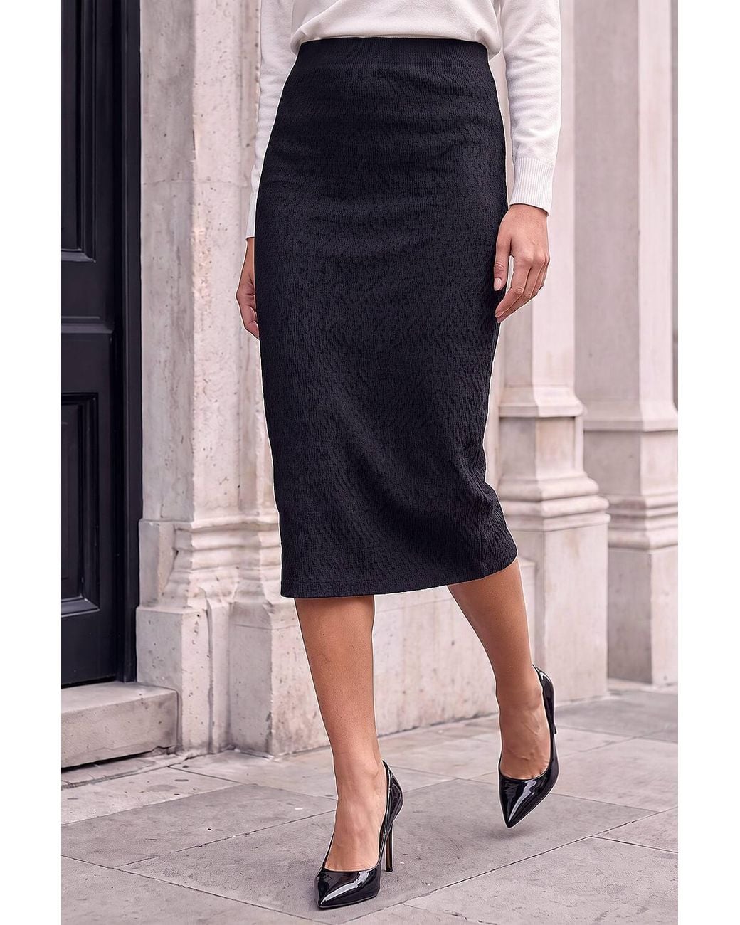 Roman Blue Textured Elastic Waist Pencil Midi Skirt