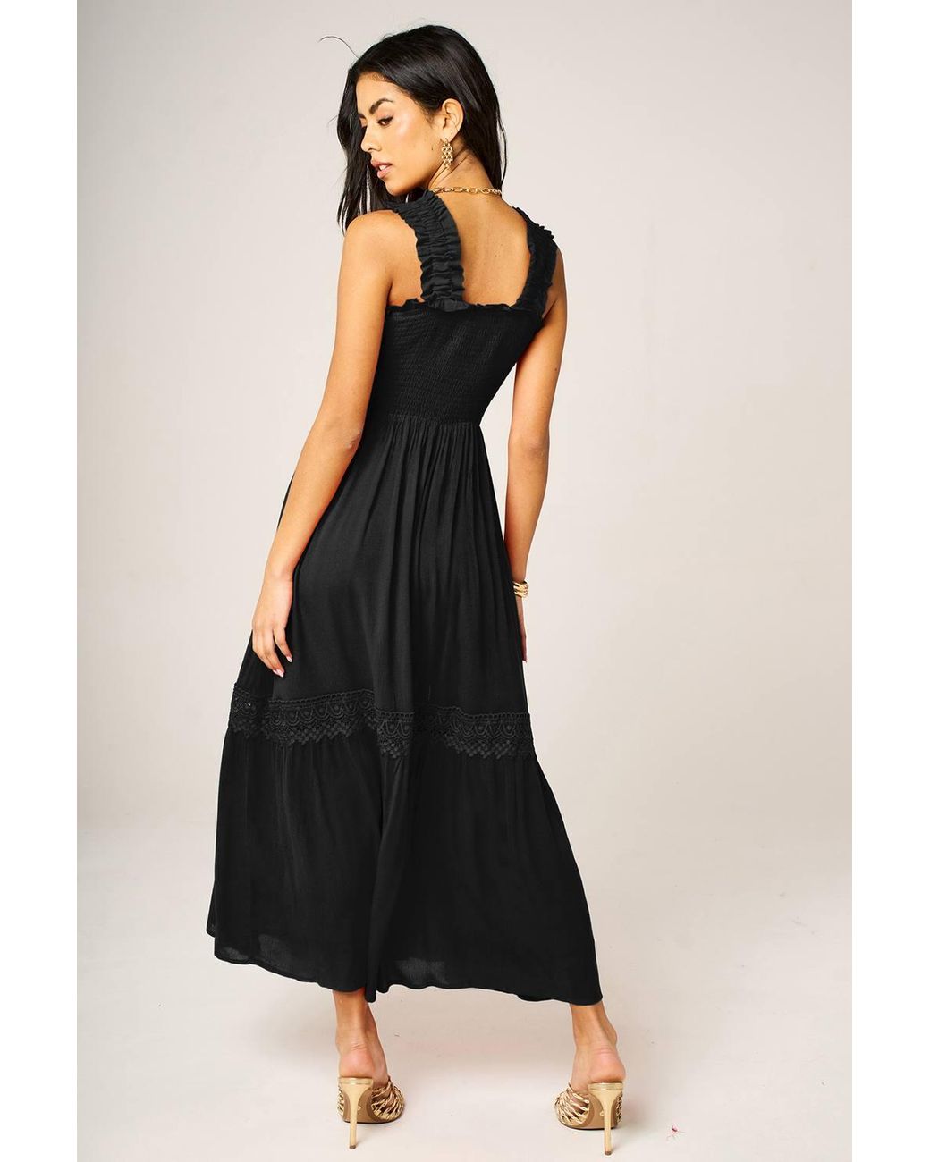 FS Collection Black Shirred Bodice Tiered Midi Dress With Lace Trim