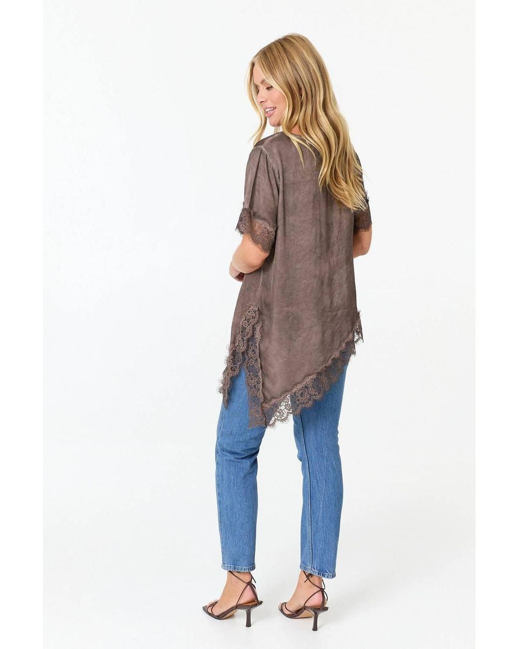 Izabel London Brown Lace Trim Asymmetric 1/2 Sleeve Top