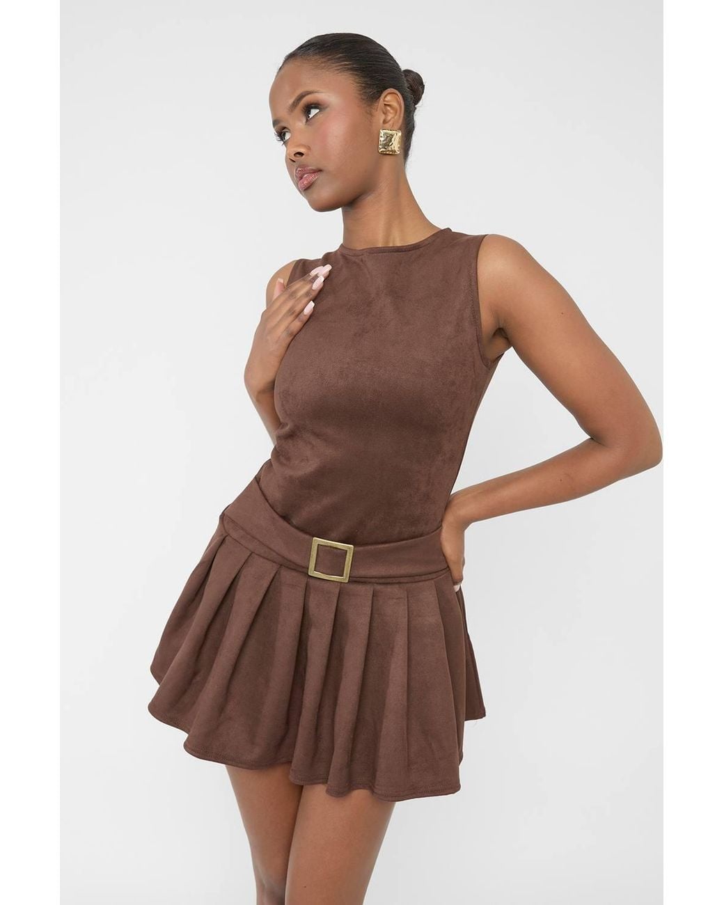 Public Desire Brown Suedette Buckle Detail Pleated Mini Dress