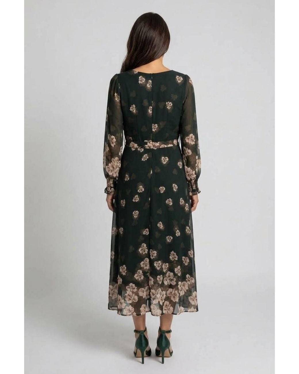 Izabel London Green Floral Layer Long Sleeve Midi Dress