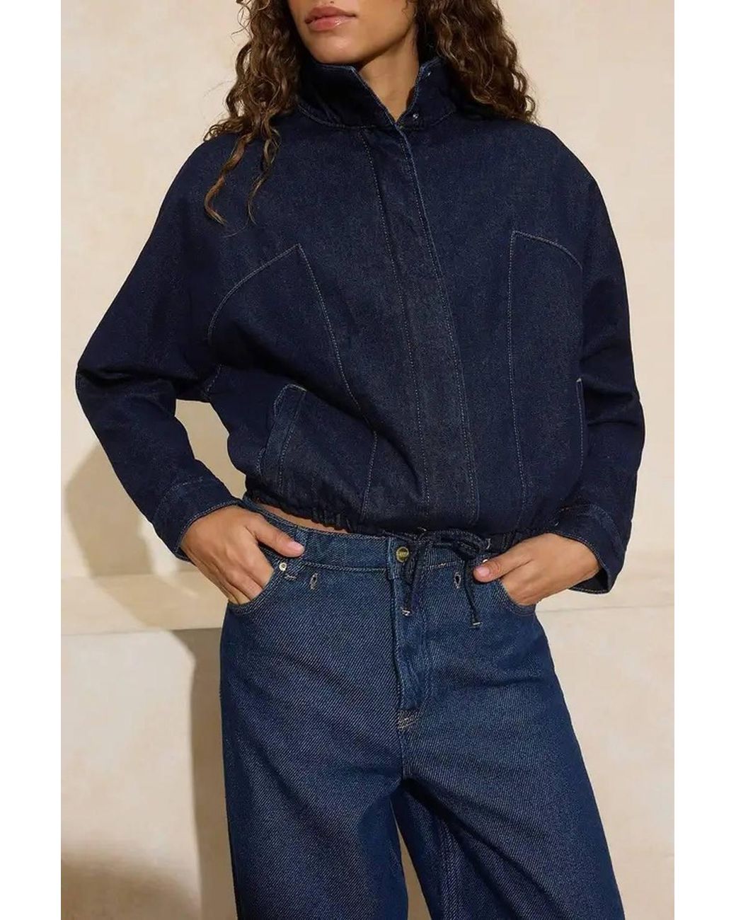 WOVCOR Blue Dark Wash High Neck Denim Jacket W/ Structured Seam Detail