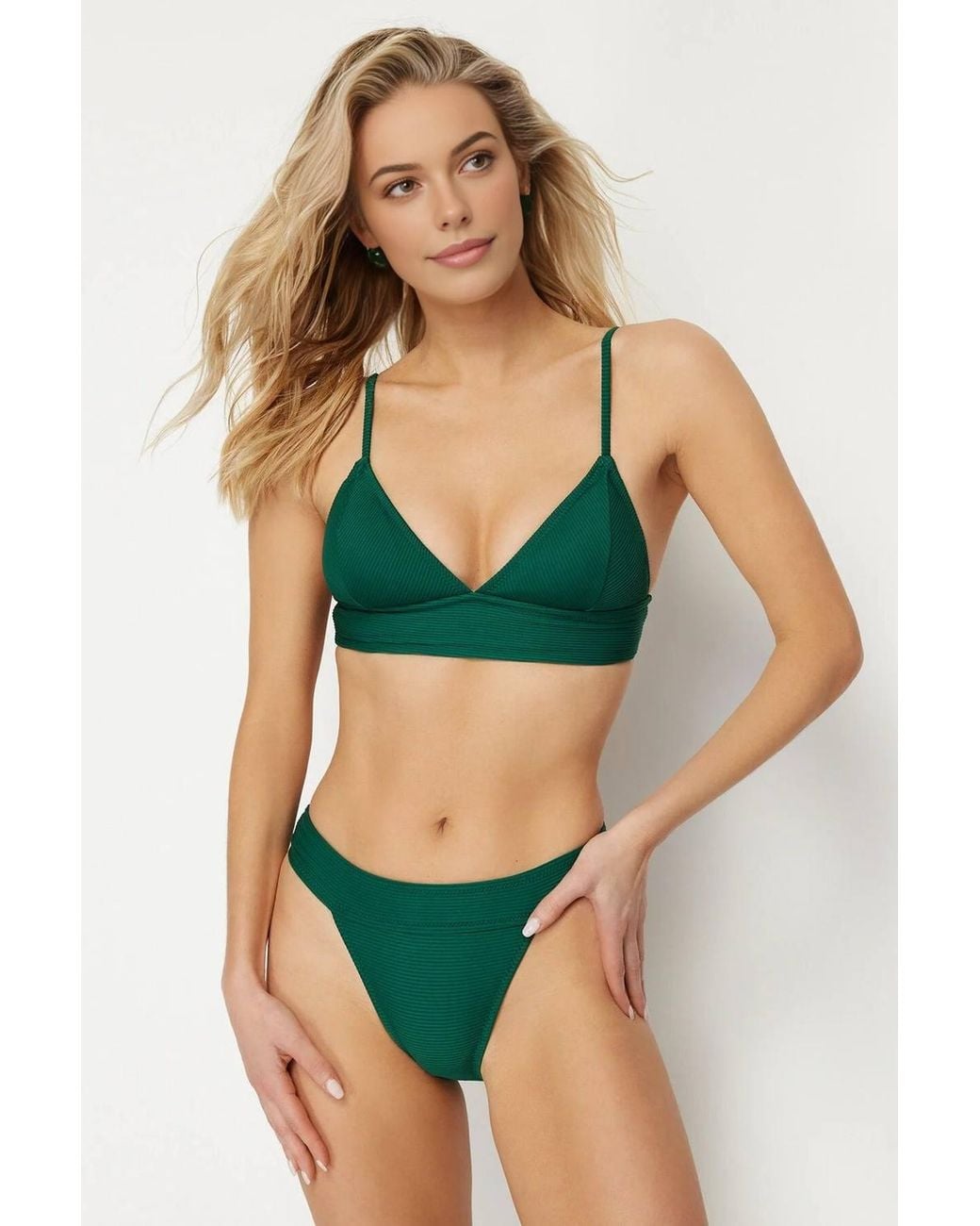 WOVCOR Green Textured Regular Waist Bikini Bottom W/ Minimal High Leg Fit