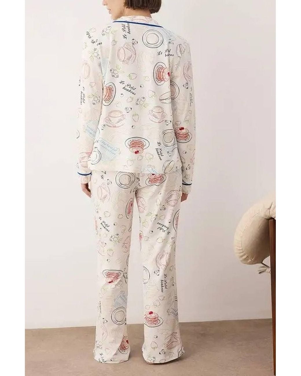 WOVCOR Multicolor Cafe Print Contrast Piping Revere Collar Long Sleeve Pyjama Set