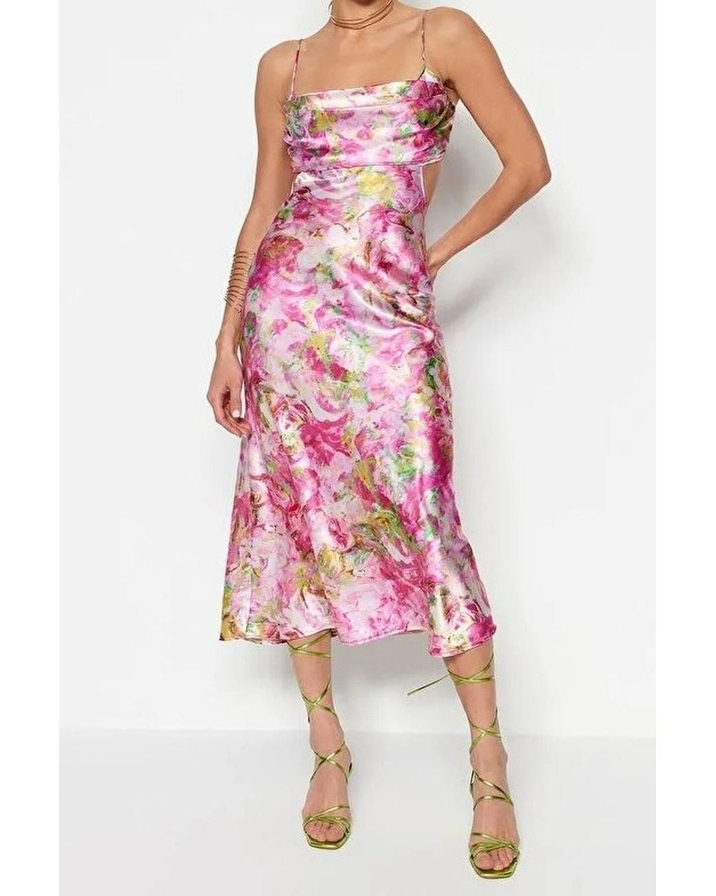 WOVCOR Brown Floral Strappy Draped Midi Occasion Dress