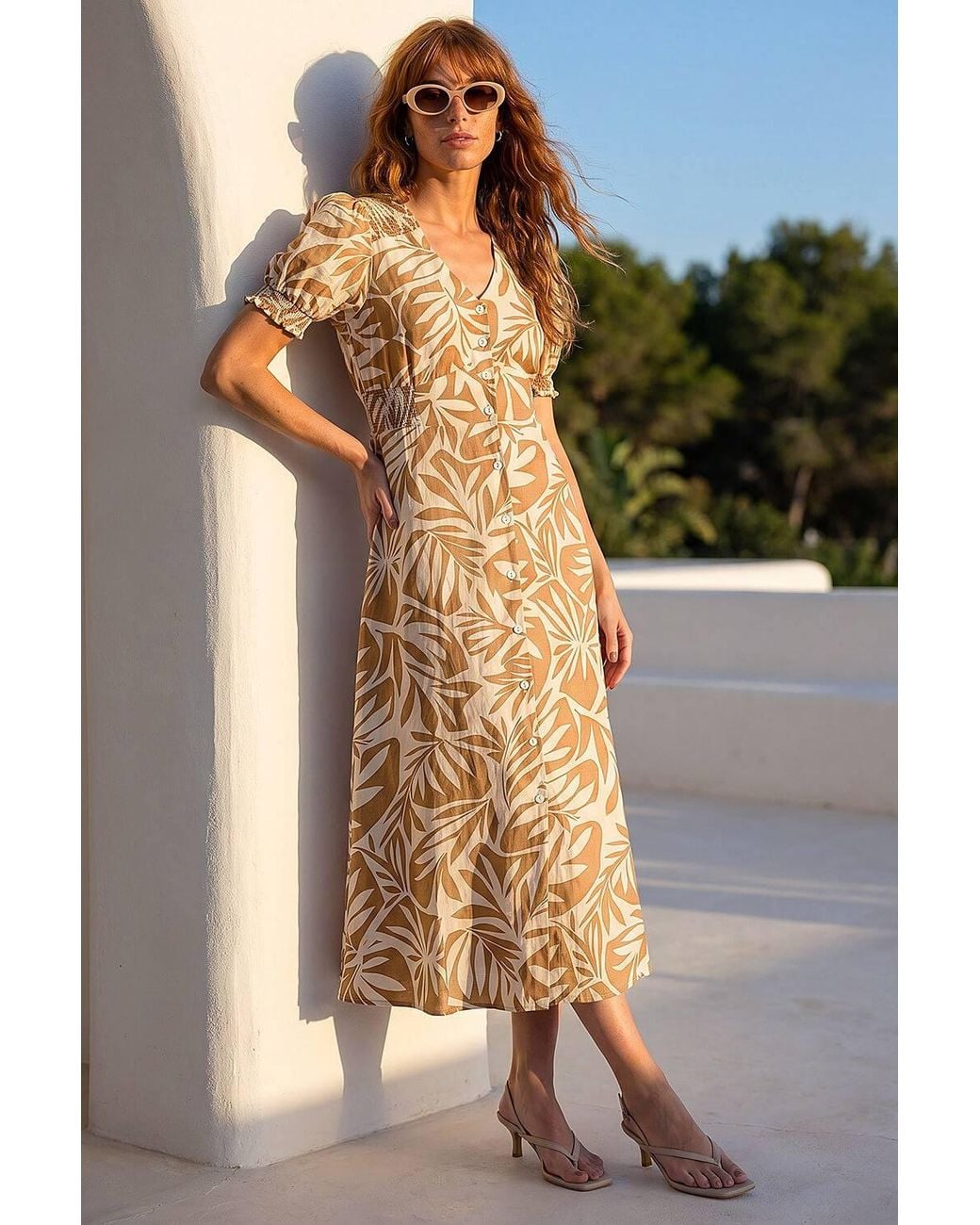 Roman Natural Abstract Print Button Midi Dress