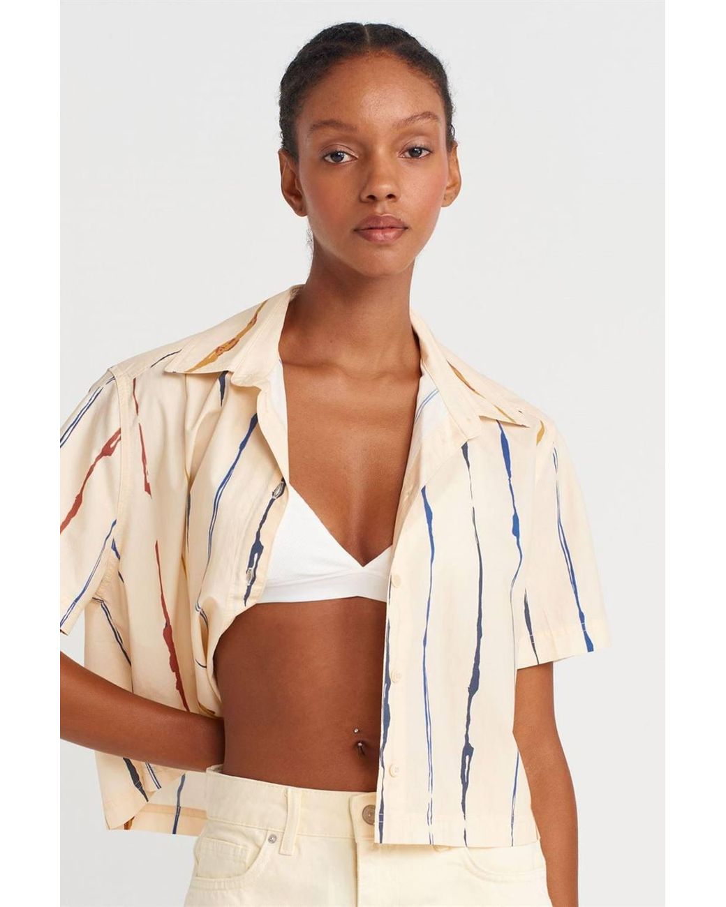 Dilvin Natural Striped Crop Shirt