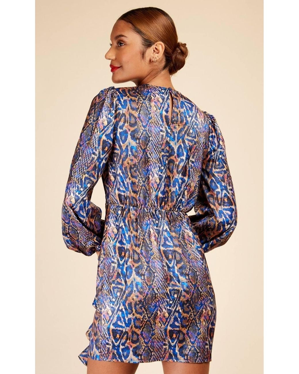 Little Mistress Blue Snake Satin Draped Frill Mini Dress