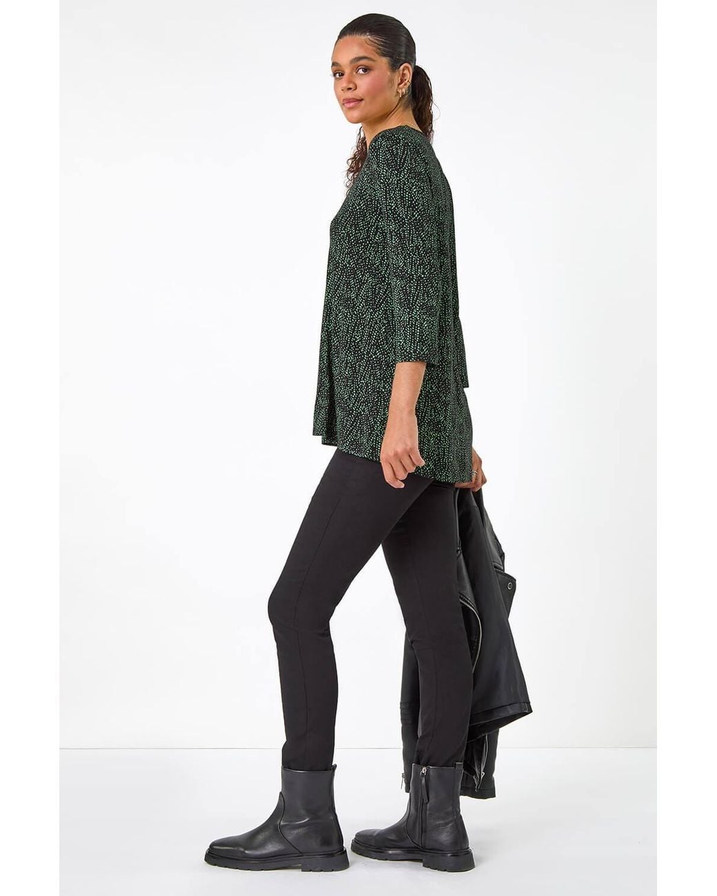 Roman Green Spot Print Pleat Front Tunic Top