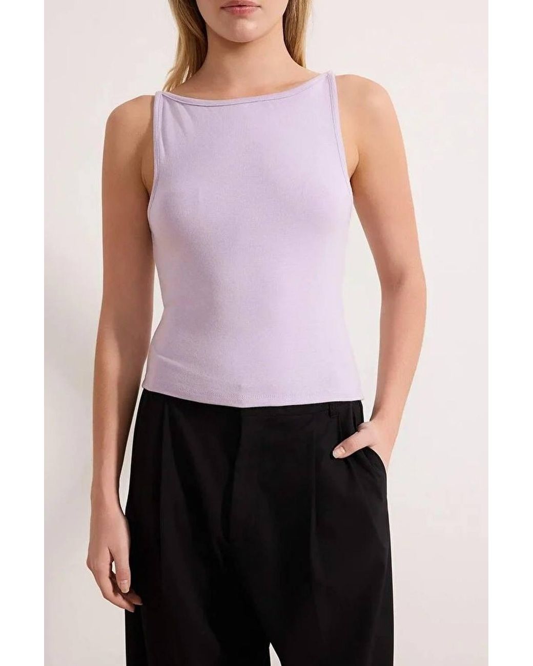 WOVCOR Purple Sleeveless Slash Neck Slim Fit Cropped Stretch Top