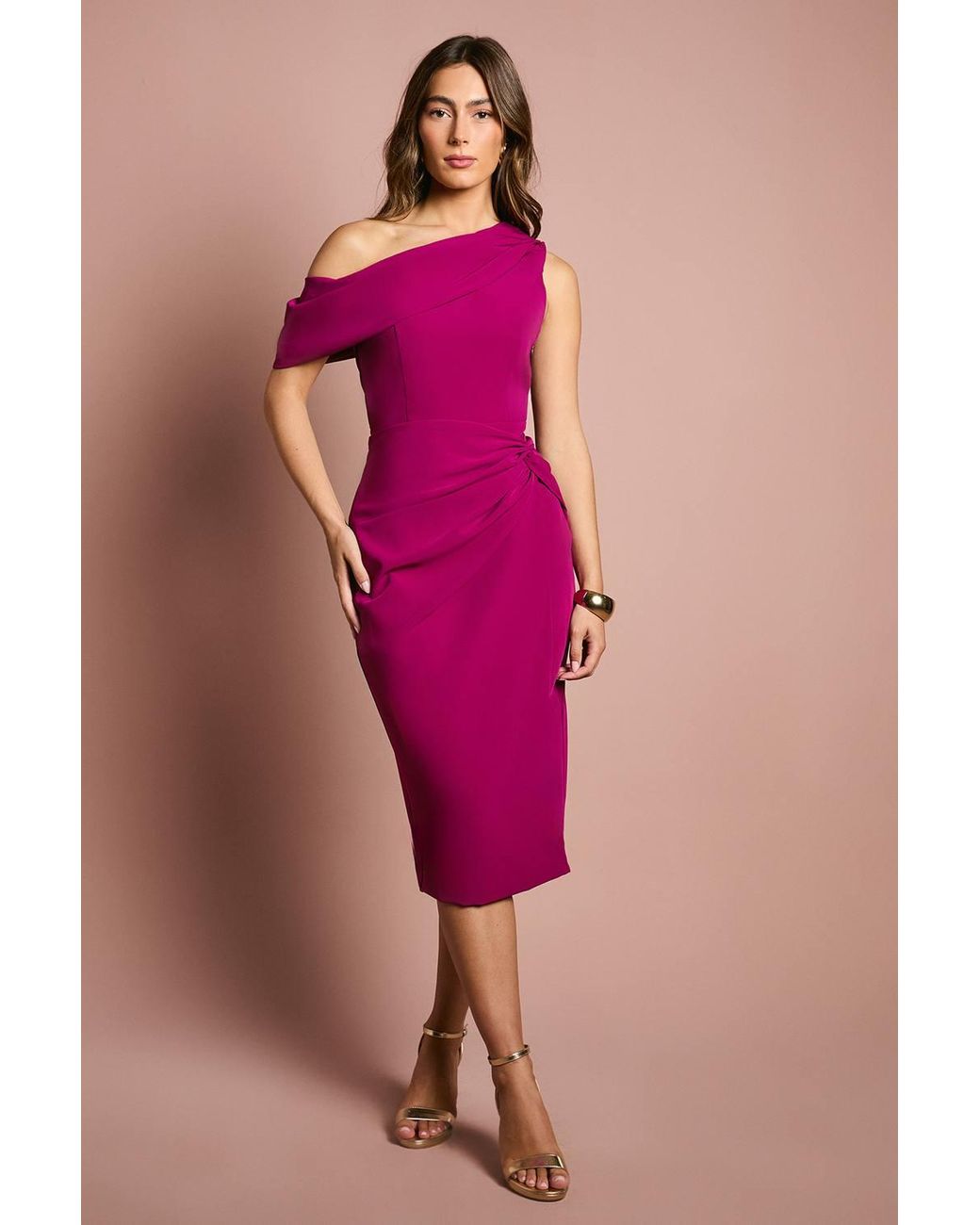 Coast Pink One Shoulder Twist Front Pencil Dress