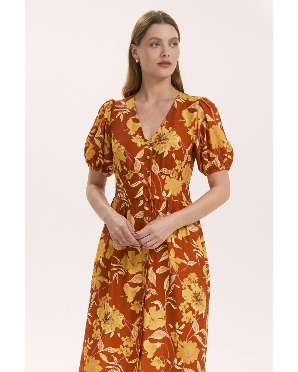 Finery London Orange Addison Floral Crepe Midi Dress