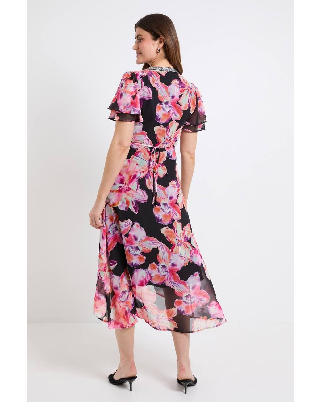 Wallis Pink Floral Chiffon Sequin Insert Midi Dress