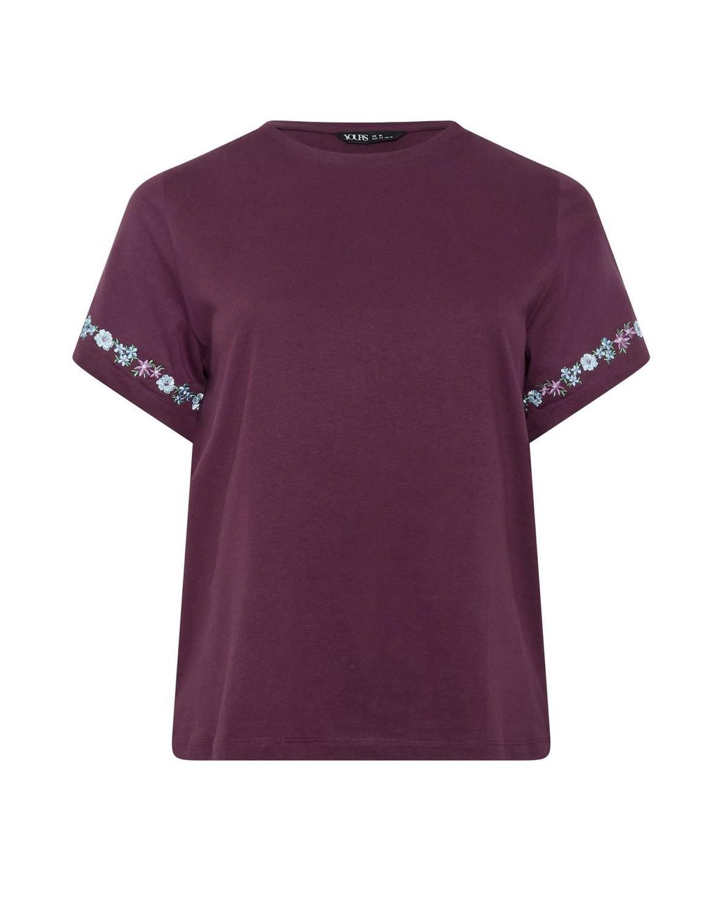 Yours Purple Embroidered Floral Sleeve Detail T-Shirt