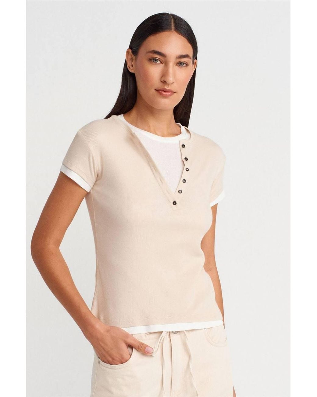 Dilvin Natural Cotton V-Neck Button T-Shirt