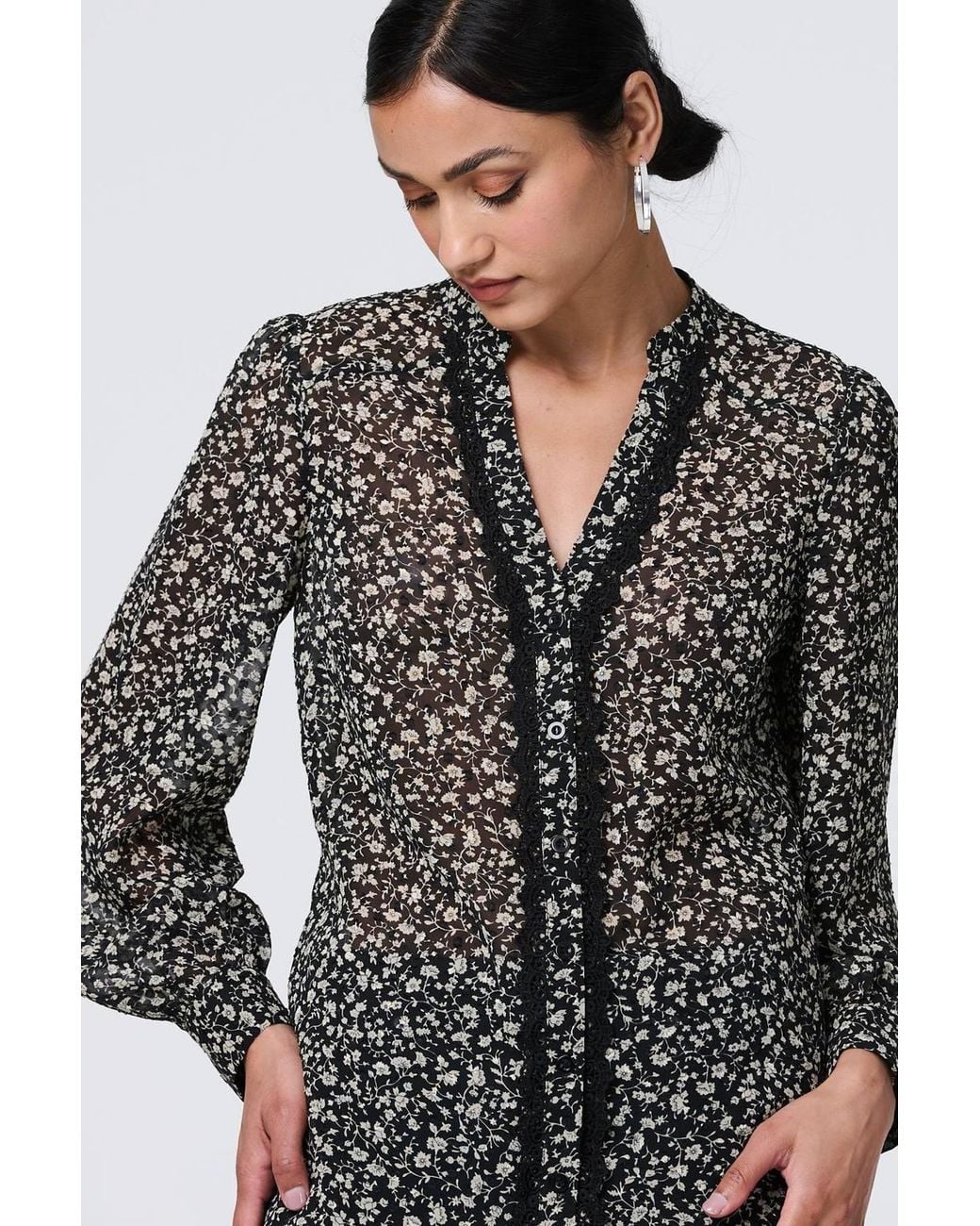 Izabel London Black Ditsy Floral Semi Sheer Long Sleeve Blouse
