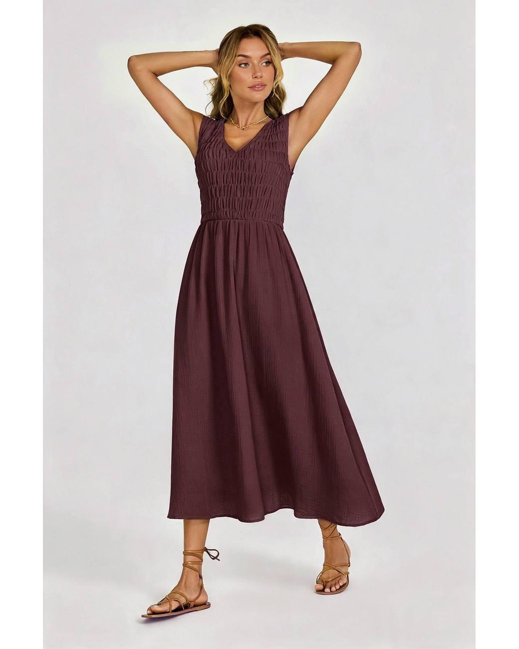 FS Collection Purple Sleeveless Shirred Bodice Midi Dress