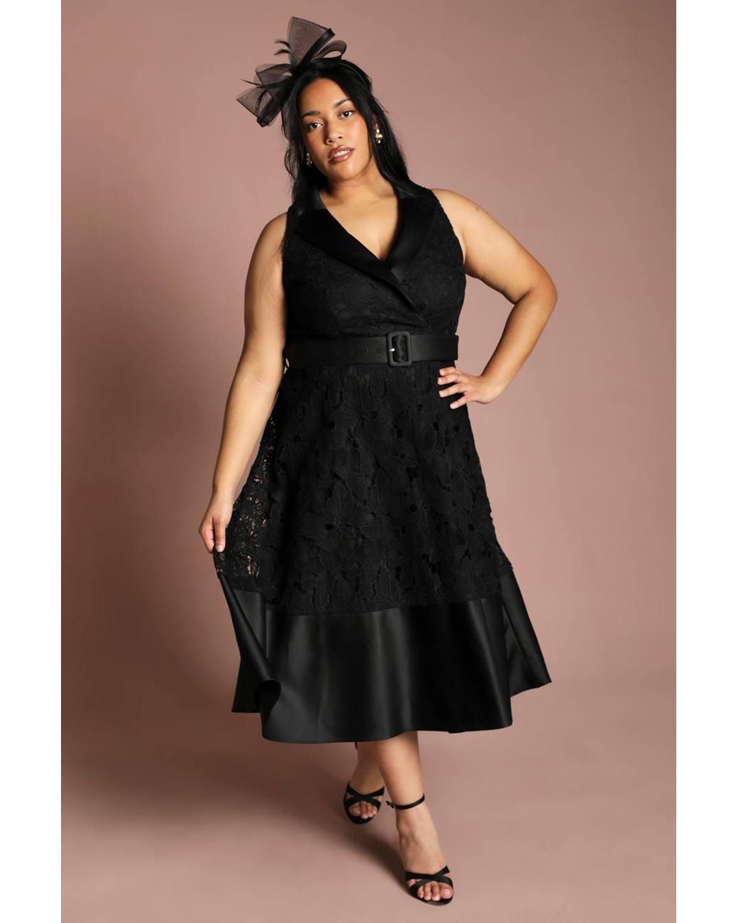 Coast Black Plus Lace Sleeveless Satin Contrast Midi Skirt Dress