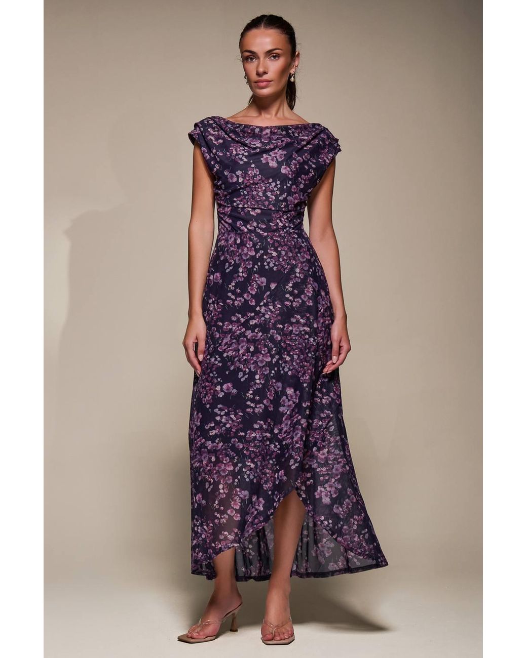 Jolie Moi Multicolor Asymmetric Draped Mesh Maxi Dress
