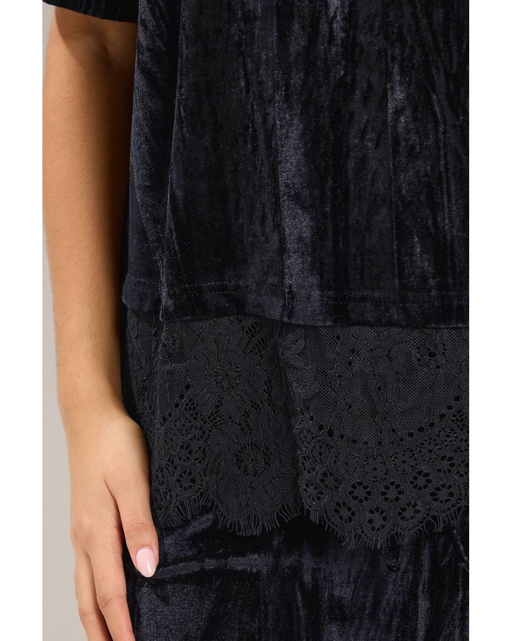 Yours Black Crushed Velour Lace Hem Top
