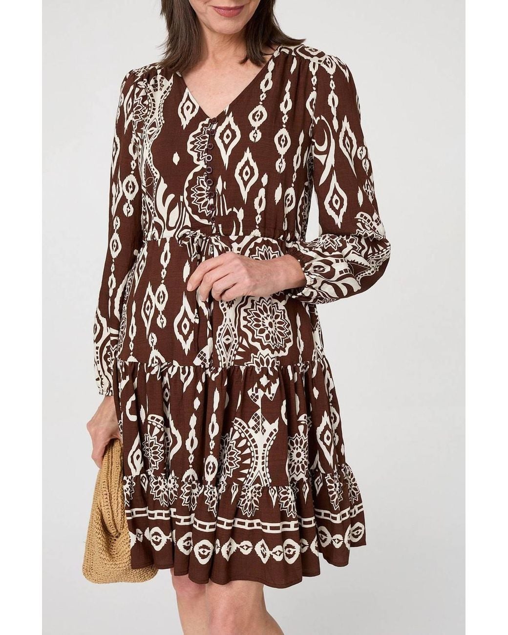 Izabel London Brown Printed Tiered V-Neck Knee Length Dress