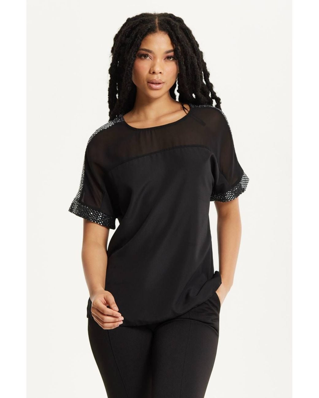 Liquorish Black Sheer Sequin Trim Top