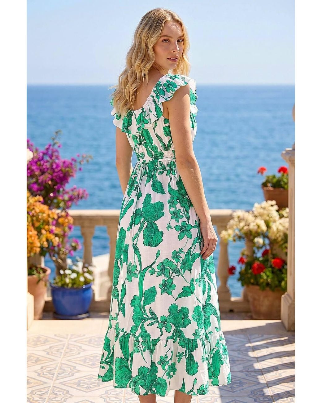 Roman Blue Floral Print Frill Shirred Midi Dress