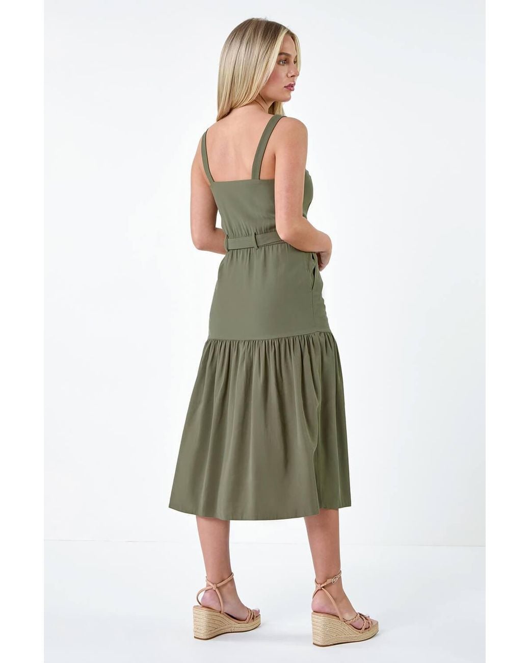 Roman Green Petite Button Front Tiered Midi Dress