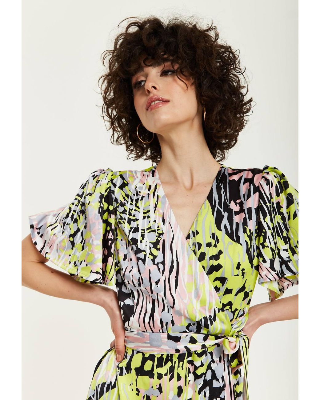 Liquorish White Multicolour Abstract Print Midi Wrap Dress