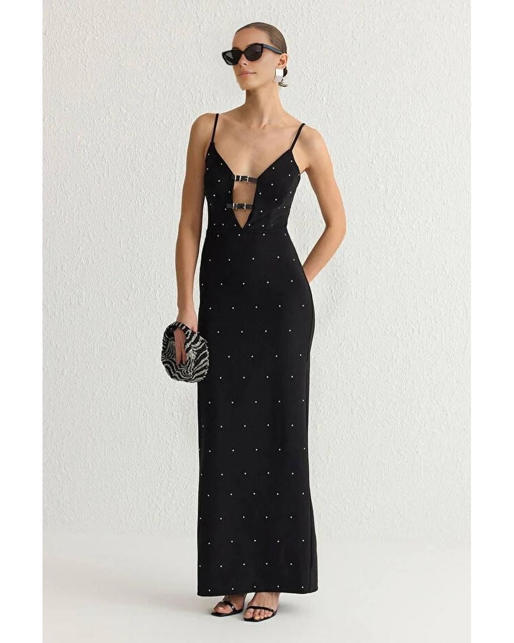 WOVCOR Black Embellished Cut Out Strappy Maxi Evening Dress