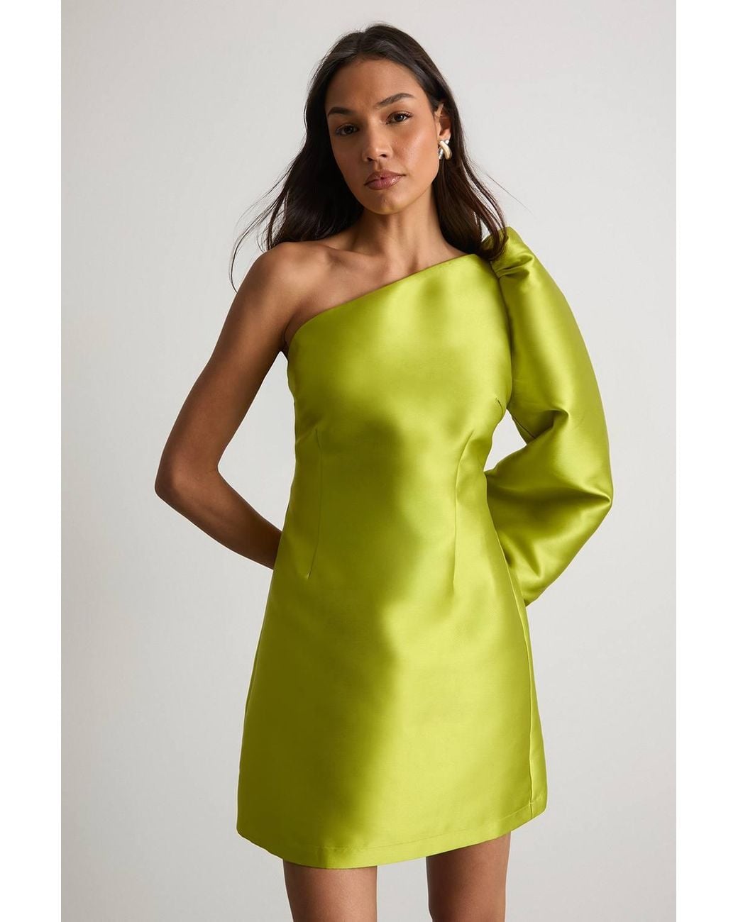 Warehouse Yellow One Shoulder Puff Sleeve Mini Dress